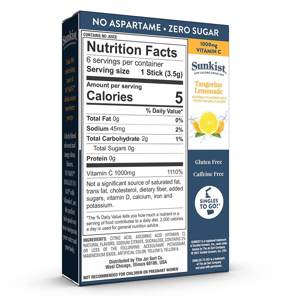 Sunkist Singles To Go Drink Mix Packets, Tangerine Lemonade, 6-Count Box  Powdered Drink Packets With 1000Mg Of Vitamin C Per Serving, 72 Total Powder Sticks