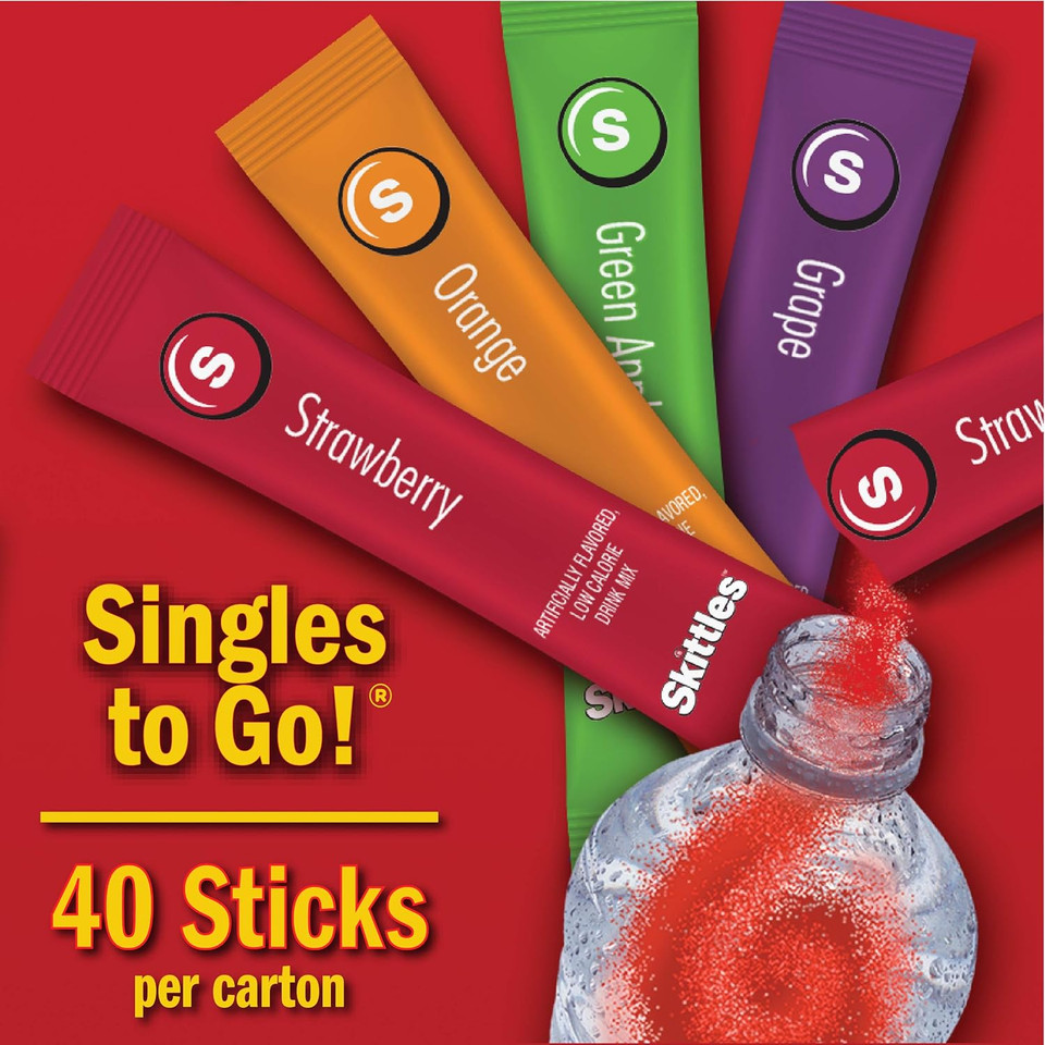 Skittles Zero Sugar Low Calorie Singles To Go Bulk Variety Pack Drink Mix - 2 Boxes Of 40 Sticks Each - 80 Total Sticks - 4 Fruity Flavors: Strawberry, Orange, Green Apple And Grape - Pack Of 2