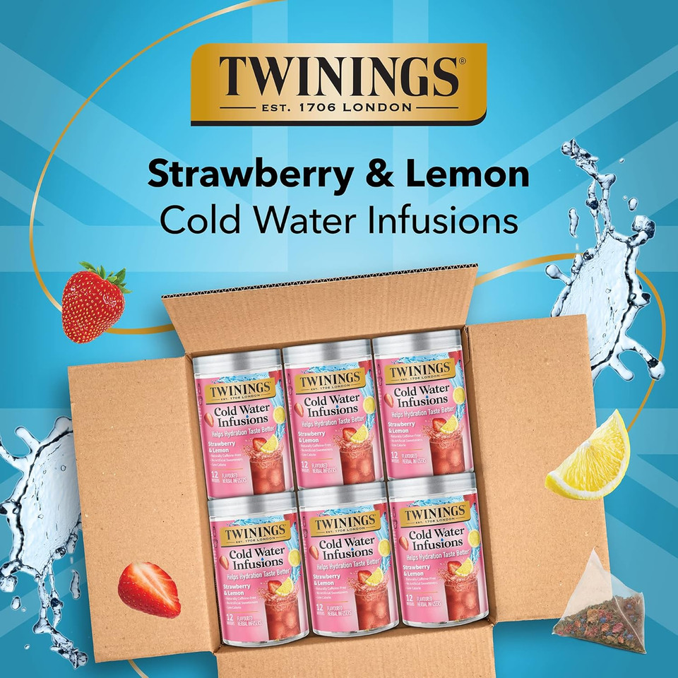 Twinings Cold Infuse Flavored Water Enhancer, Strawberry & Lemon, 12 Count (Pack Of 6), Enjoy Hot Or Iced