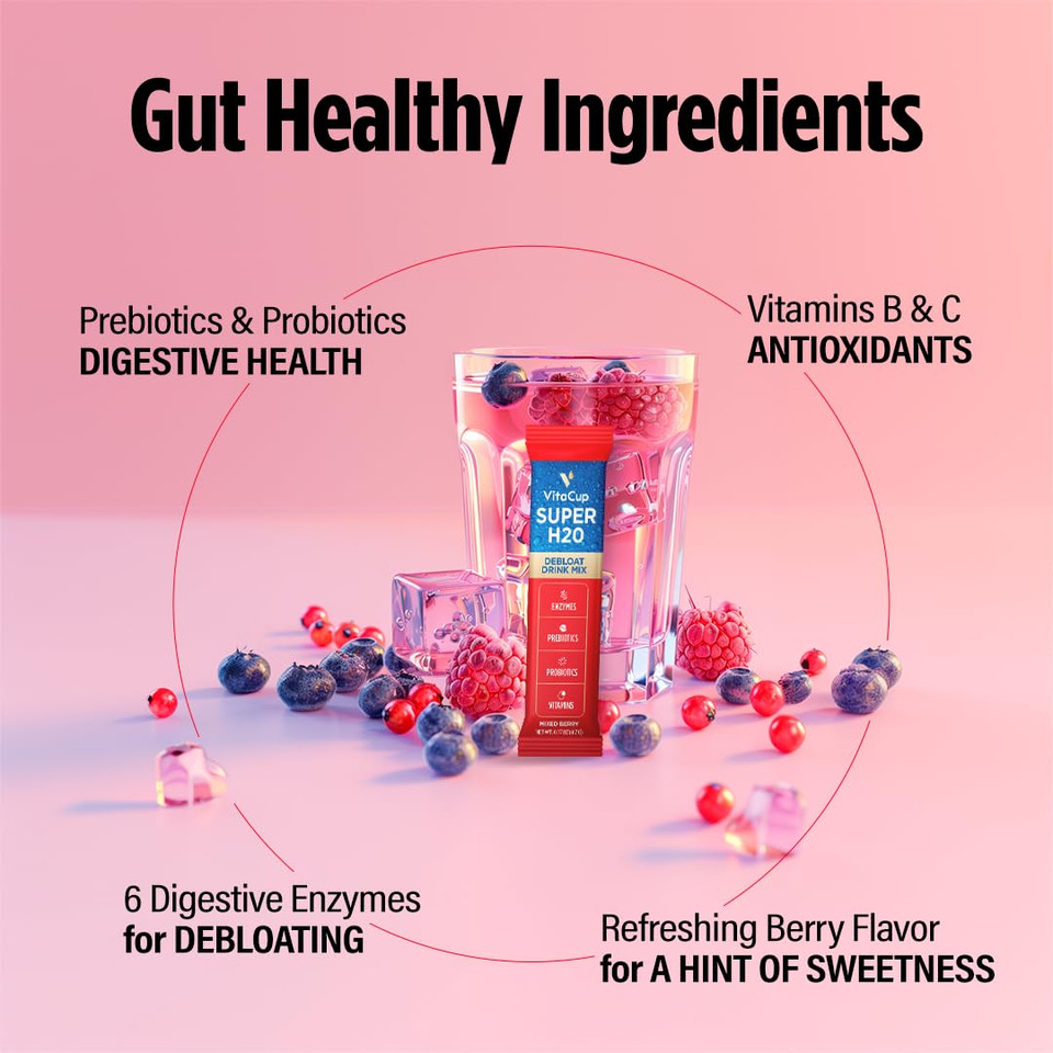 Vitacup Super H2O Bloating Relief And Digestive Health Drink Mix Packets, Probiotics, Prebiotics, C & B Vitamins, Mixed Berry Flavor Water Enhancer Packets, 16Ct