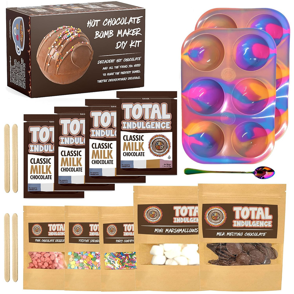 Total Indulgence Diy Hot Chocolate Bomb Kit, Makes 12 Cocoa Bombs, Includes 2 Silicone Molds For Chocolate Bombs, Melting Chocolate, Hot Cocoa Packets, Sprinkles, Marshmallows, Great Christmas Gifts