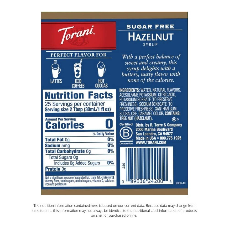 Torani Sugar Free Syrup, Hazelnut, 25.4 Ounce (Pack Of 4)