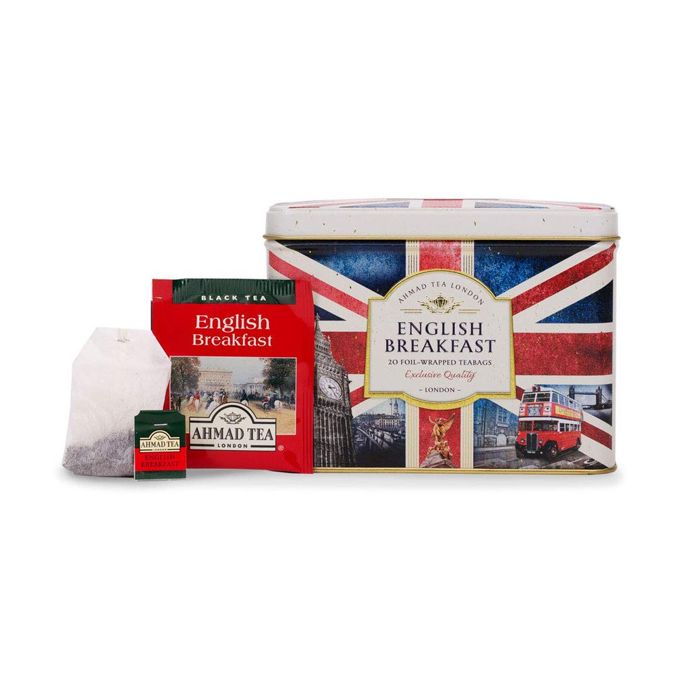 Ahmad Tea Black Tea, Nostalgic Britain Metal Caddy, English Breakfast Tea, 20 Foil Teabags - Caffeinated & Sugar-Free