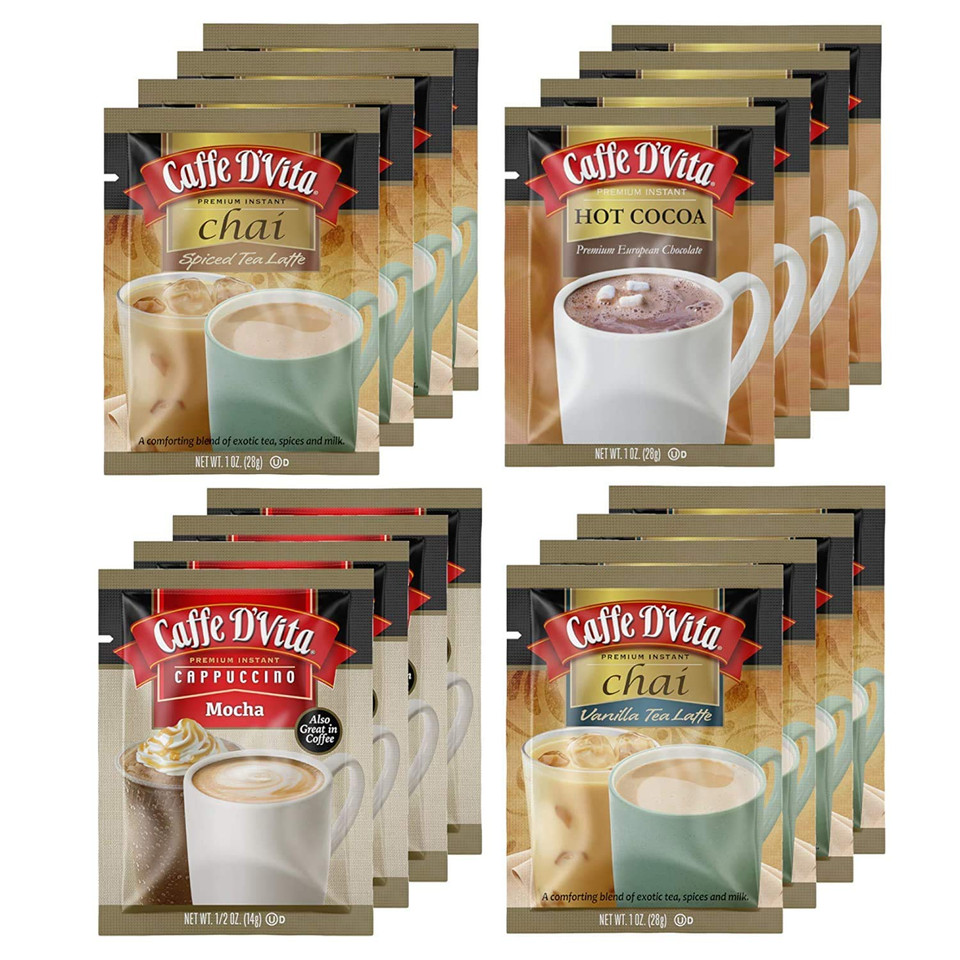 Caffe D'Vita Cappuccino & Chai Assortment (Spiced Tea Latte, Vanilla Tea Latte, Hot Cocoa, Mocha) - Instant Cappuccino Chai Latte Mix, Gluten Free - 0.5 Oz Each, 16 Packets, 4 Of Each Flavor