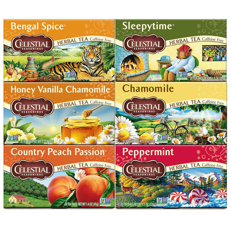 Celestial Seasonings Herbal Tea Variety Pack, Bengal Spice, Sleepytime, Honey Vanilla Chamomile, Country Peach Passion, Peppermint & Chamomile, Caffeine Free, 20 Tea Bags (Pack Of 6)