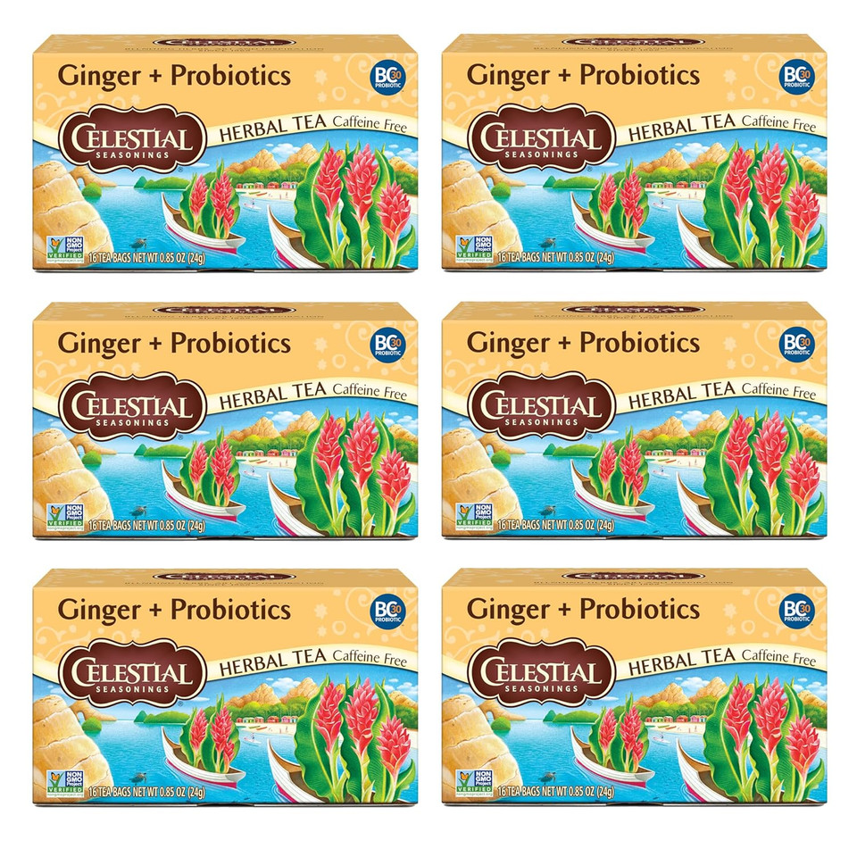 Celestial Seasonings Ginger + Probiotics Herbal Tea, Caffeine Free, 16 Tea Bags Box, (Pack Of 6)