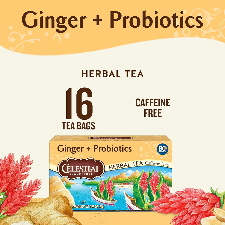 Celestial Seasonings Ginger + Probiotics Herbal Tea, Caffeine Free, 16 Tea Bags Box, (Pack Of 6)