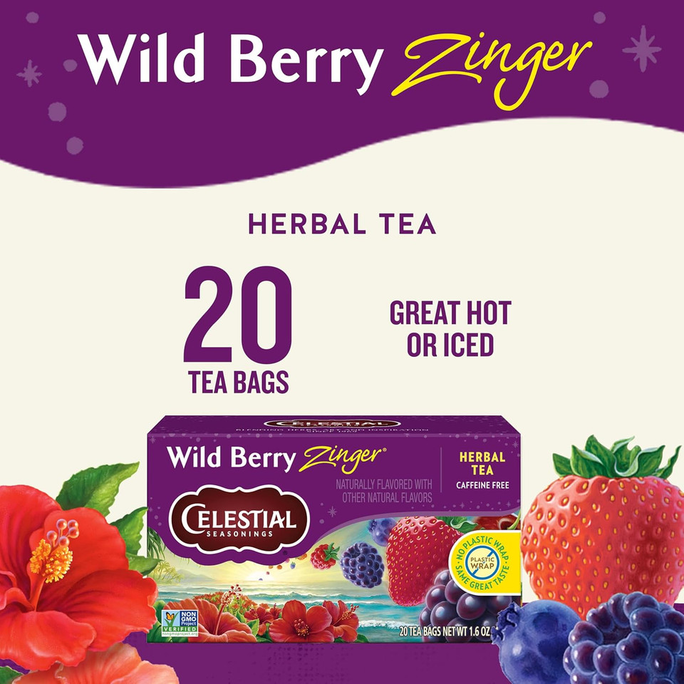 Celestial Seasonings Lemon Zinger Herbal Tea, Caffeine Free, 20 Tea Bags Box