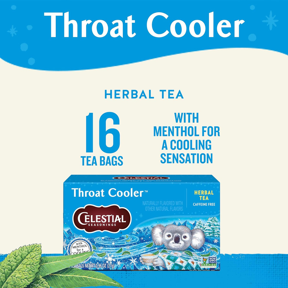 Celestial Seasonings Throat Cooler Herbal Tea, Caffeine Free, 16 Tea Bags Box