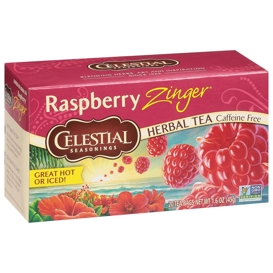 Celestial Seasonings Raspberry Zinger Herbal Tea, Caffeine Free, 20 Tea Bags Box