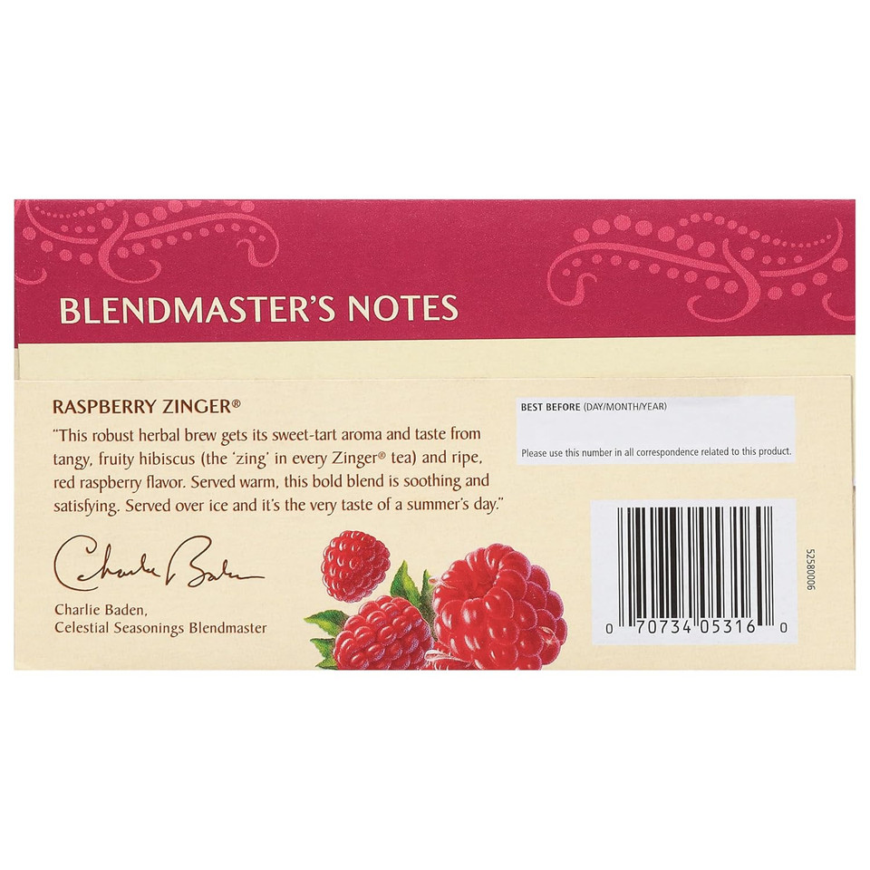 Celestial Seasonings Raspberry Zinger Herbal Tea, Caffeine Free, 20 Tea Bags Box