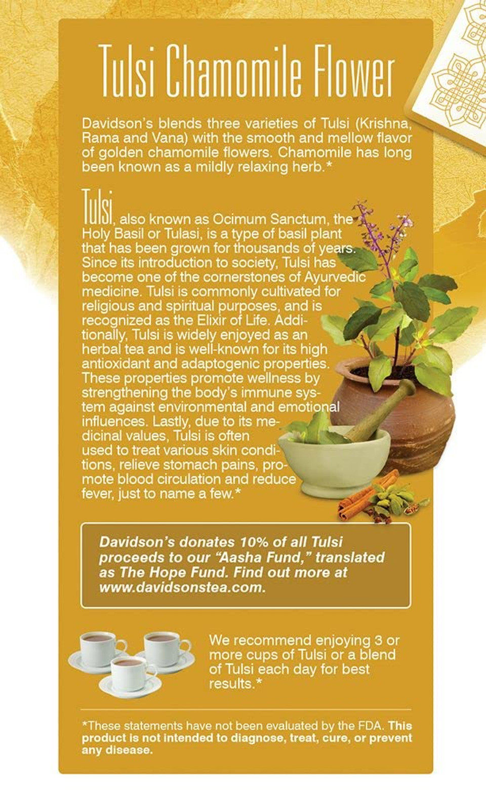 Davidson'S Organics, Tulsi Chamomile Flower, 25-Count Tea Bags, Pack Of 6