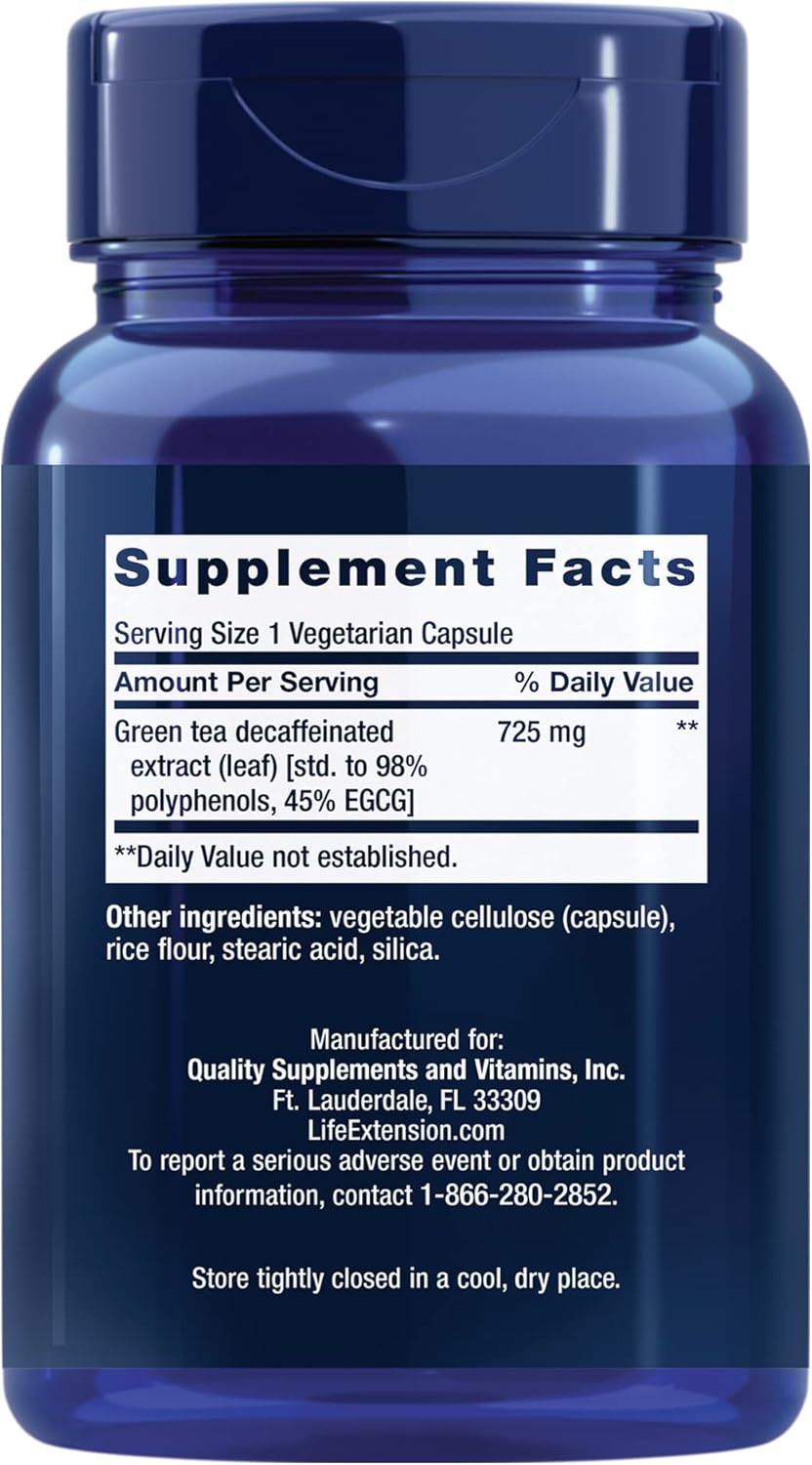 Life Extension Decaffeinated Mega Green Tea Extract  Polyphenol-Rich, Cell Health, Heart Health, Brain Health, Antioxidant Protection  Non-Gmo, Gluten-Free, Vegetarian  100 Capsules