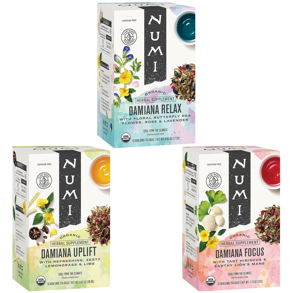 Numi Organic Damiana Herbal Tea Variety Pack - Relax, Focus & Uplift With Damiana, Butterfly Pea Flower, Lemon Balm, Gingko (Pack Of 3), 16 Count Herbal Tea Bags Numi Organic Damiana Herbal Tea Variety Pack - Relax, Focus & Uplift With Damiana, Butterfly Pea Flower, Lemon Balm, Gingko (Pack Of 3), 16 Count Herbal Tea Bags