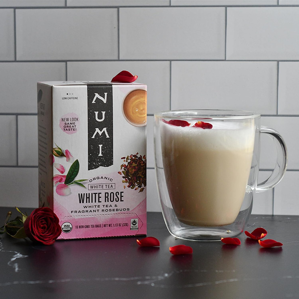 Numi Organic White Rose Tea, 16 Tea Bags, White Tea & Fragrant Rosebuds, Low Caffeine (Packaging May Vary)