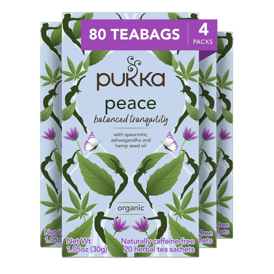 Pukka Organic Tea Bags, Peace Herbal Tea With Spearmint, Ashwagandha, And Hemp Seed Oil, Perfect For Balanced Tranquility, 80 Total Tea Bags (20Ct - Pack Of 4)