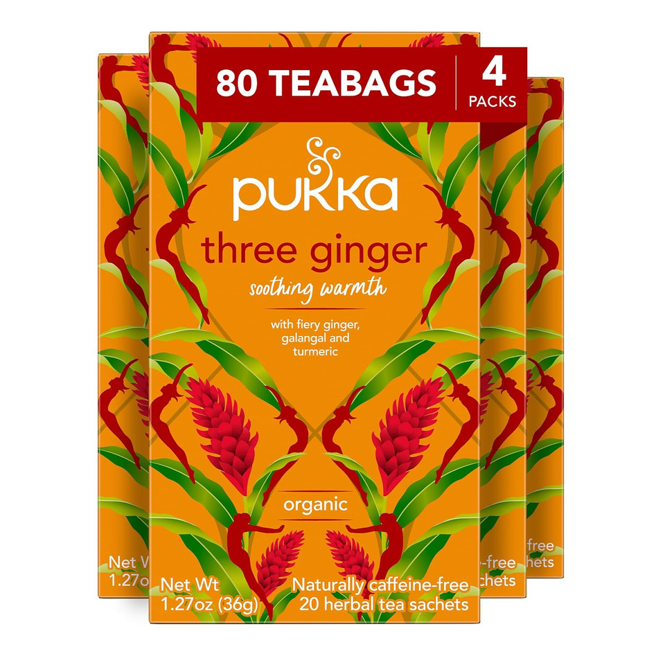 Pukka Herbs Three Ginger Organic Herbal Tea, Digestion-Aiding Infusion With Ginger, Turmeric, And Galangal, Tea Gift Set Ideal After Meals, 80 Total Tea Bags (20Ct - Pack Of 4)
