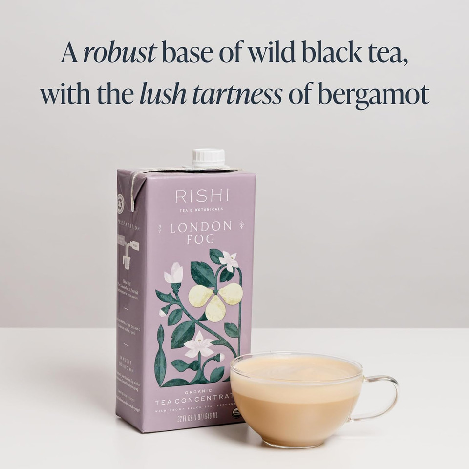 Rishi Tea London Fog Latte, Organic Black Tea Concentrate With Bergamot, Easy-To-Serve Hot Or Iced Earl Grey Tea Mix - 32 Fl Oz Carton, 8 Servings (Pack Of 12)