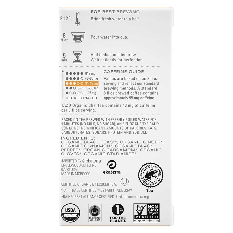 Tazo Tea Bags, Black Tea, Regenerative Organic Chai Tea, 16 Count (Pack Of 6)