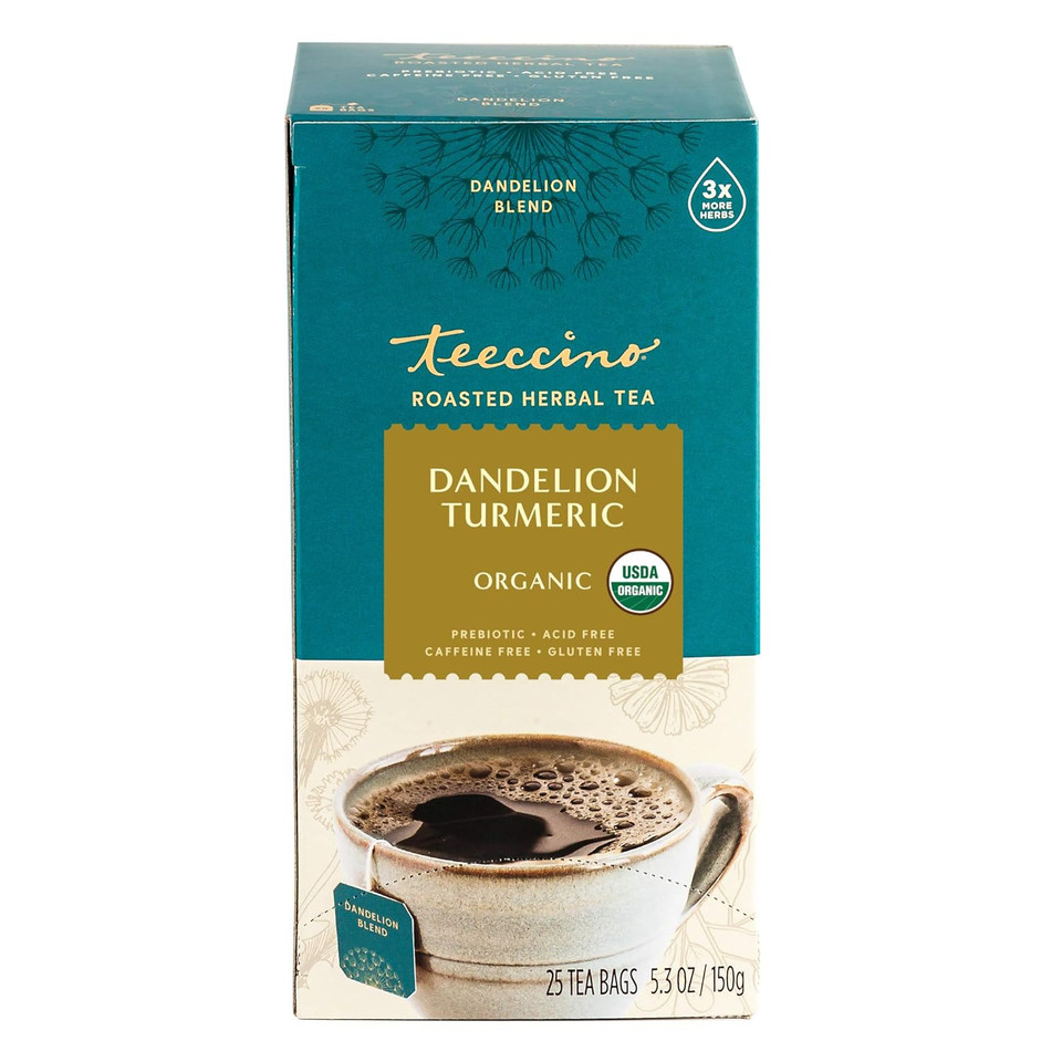 Teeccino Dandelion Turmeric Tea - Caffeine-Free, Organic, Roasted Herbal Tea With Prebiotics, 3X More Herbs Than Regular Tea Bags, Gluten Free - 25 Tea Bags (Pack Of 3)