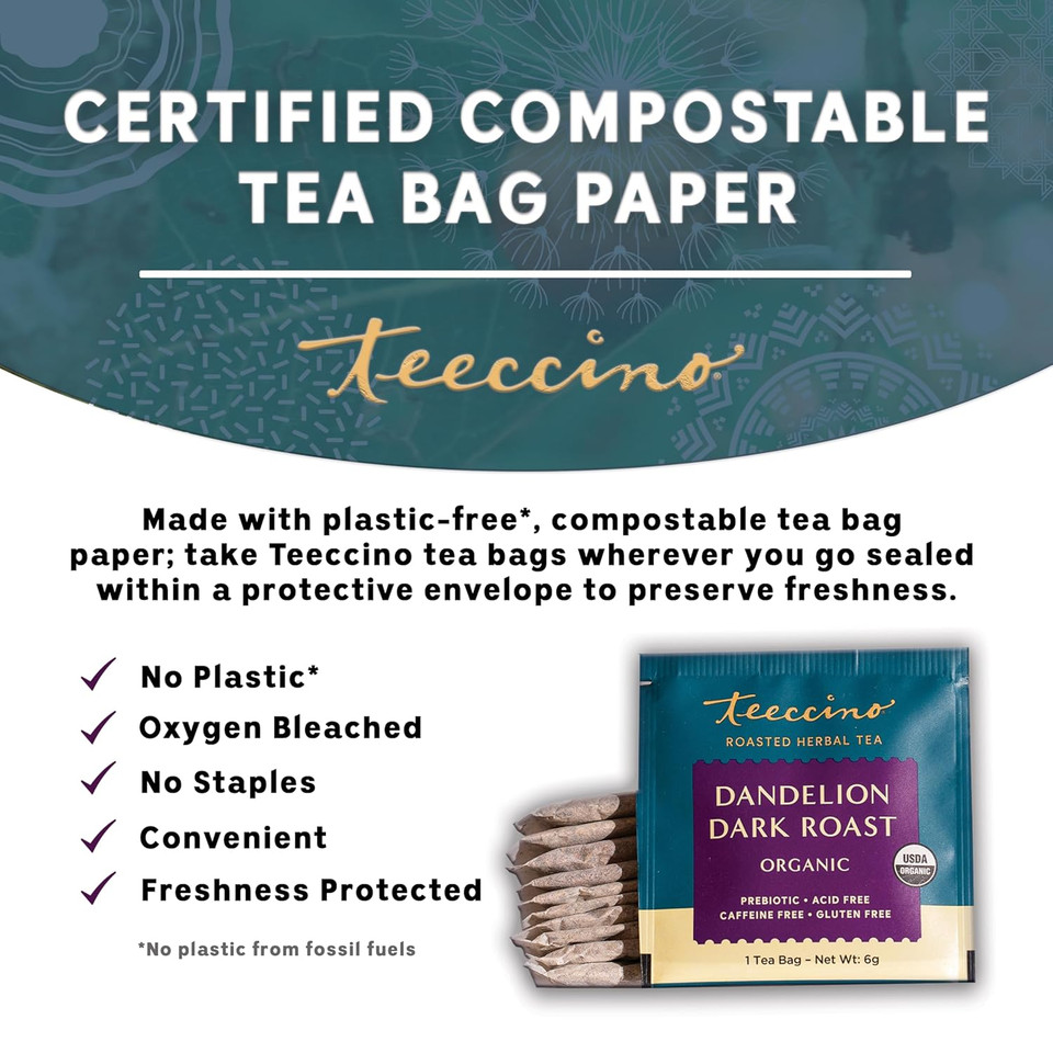Teeccino Dandelion Dark Roast Tea - Caffeine Free, Organic, Roasted Herbal Tea With Prebiotics, 3X More Herbs Than Regular Tea Bags - Gluten-Free, Acid-Free Coffee Alternative - 10 Tea Bags