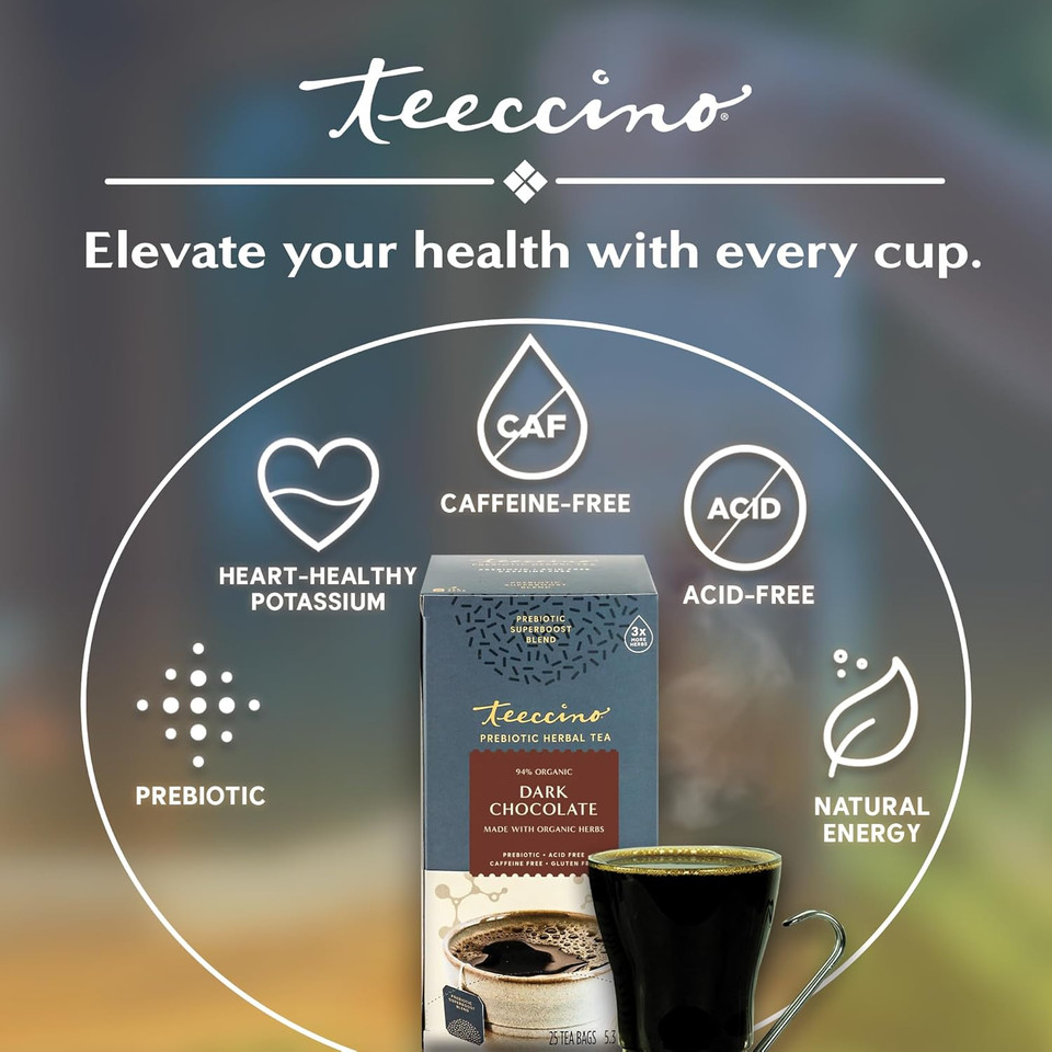 Teeccino Dark Chocolate Prebiotic Superboostã¢Â Herbal Tea - Support Your Probiotics With Vegan Gos & Organic Xos For Good Gut Health And Regularity, 25 Tea Bags