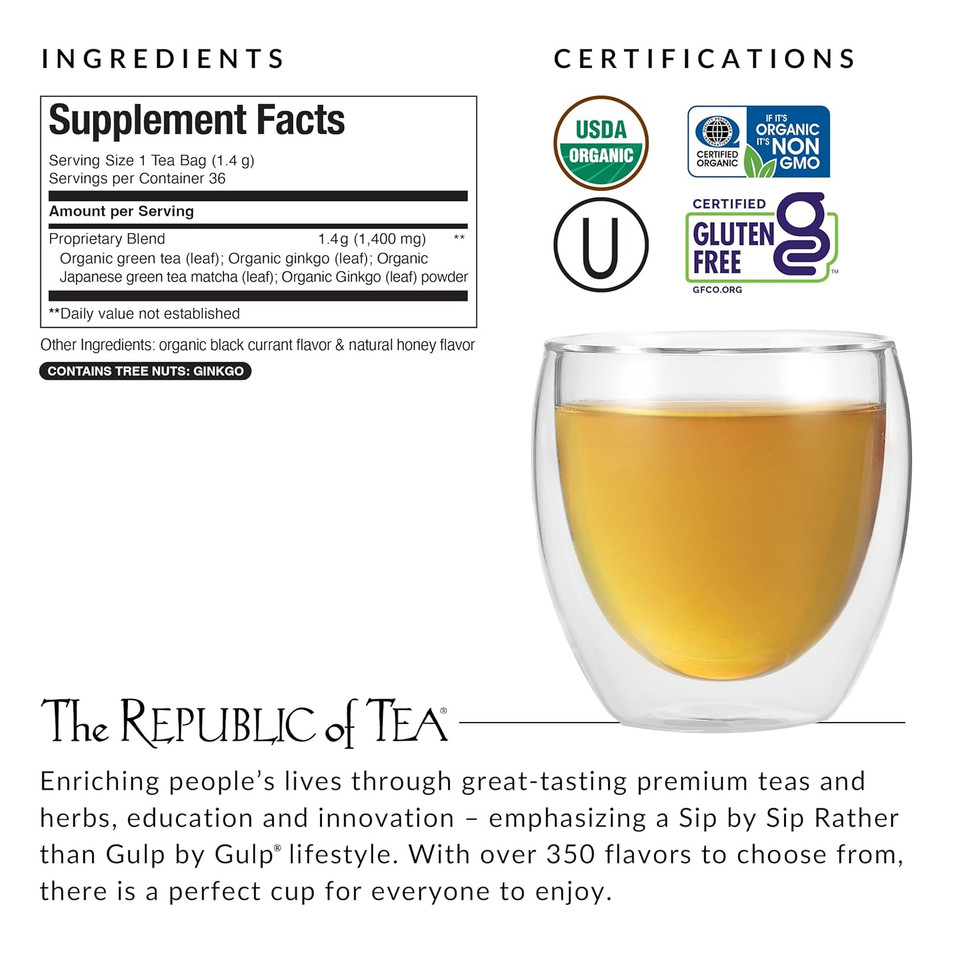 The Republic Of Tea Brain Boost Supergreen Green Tea, Ginkgo Biloba, And Matcha Tea Blend (36 Tea Bags)