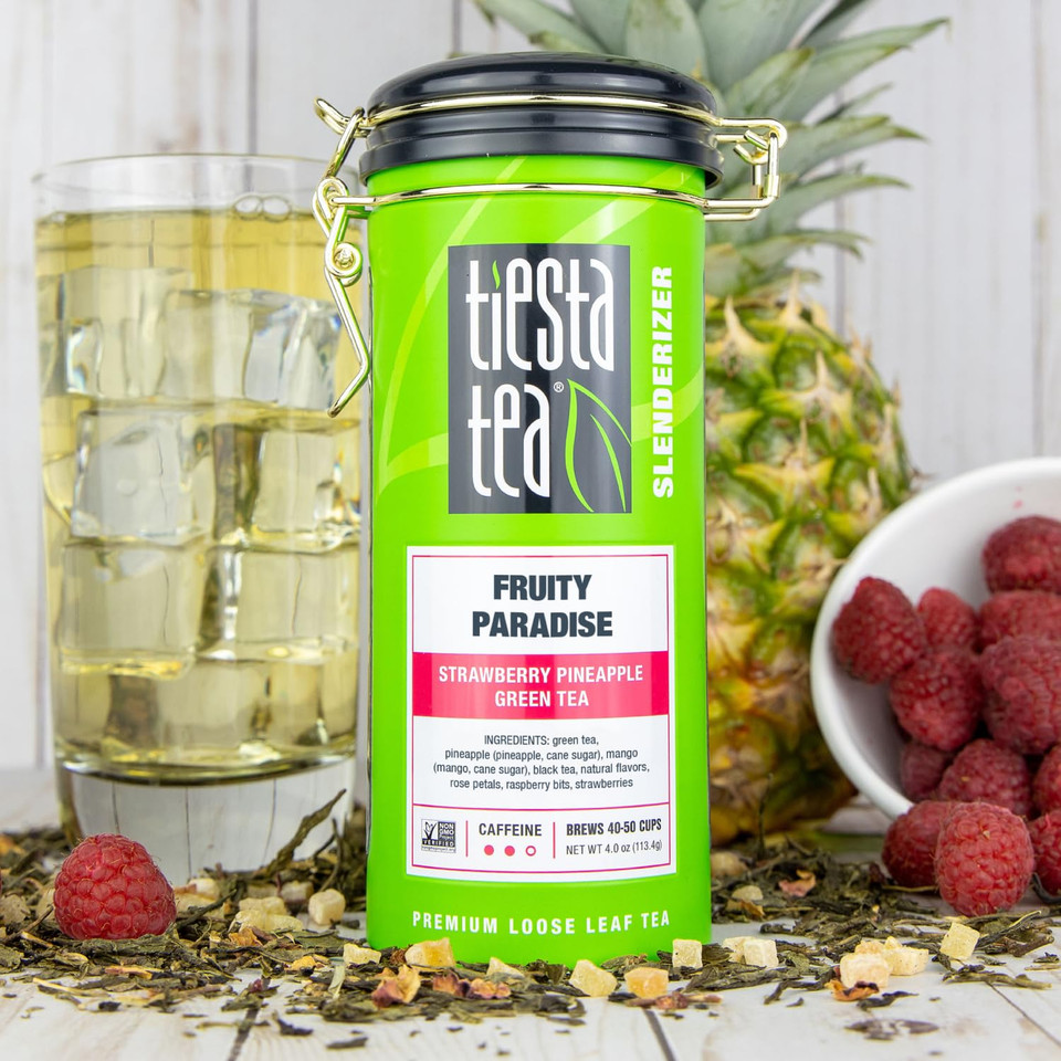 Tiesta Tea - Fruity Paradise Strawberry Pineapple Green Tea Premium Loose Leaf Tea Medium Caffeinated Green Tea Make Hot Or Iced Tea, Up To 250 Cups - 16Oz Bulk Pouch & 4Oz Refillable Tin Combo