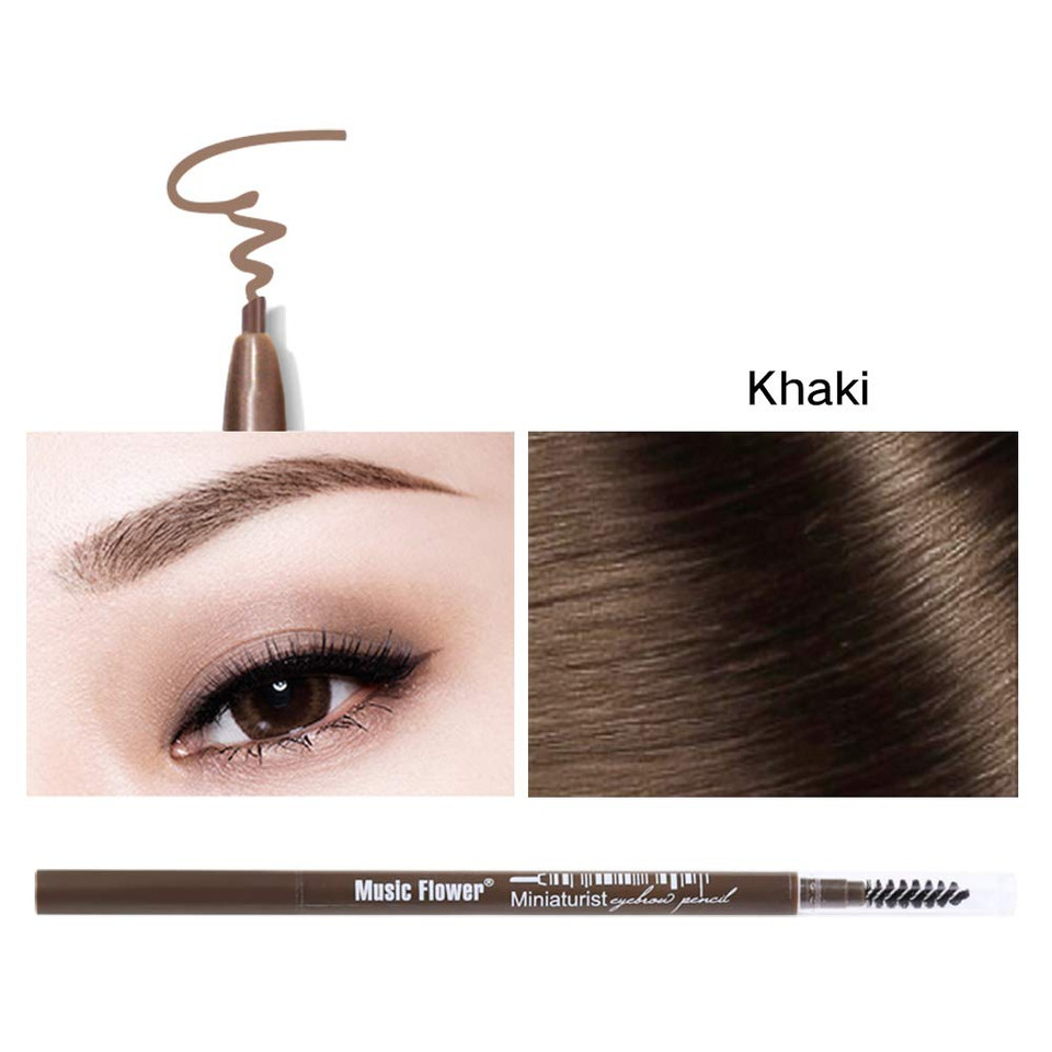 Music Flower Micro Eyebrow Pencil Precise Defining Brow Pen W/Spoolie Brush, Long Lasting Dual Ended Eyebrow Pen (#2 Khaki)2 Khaki