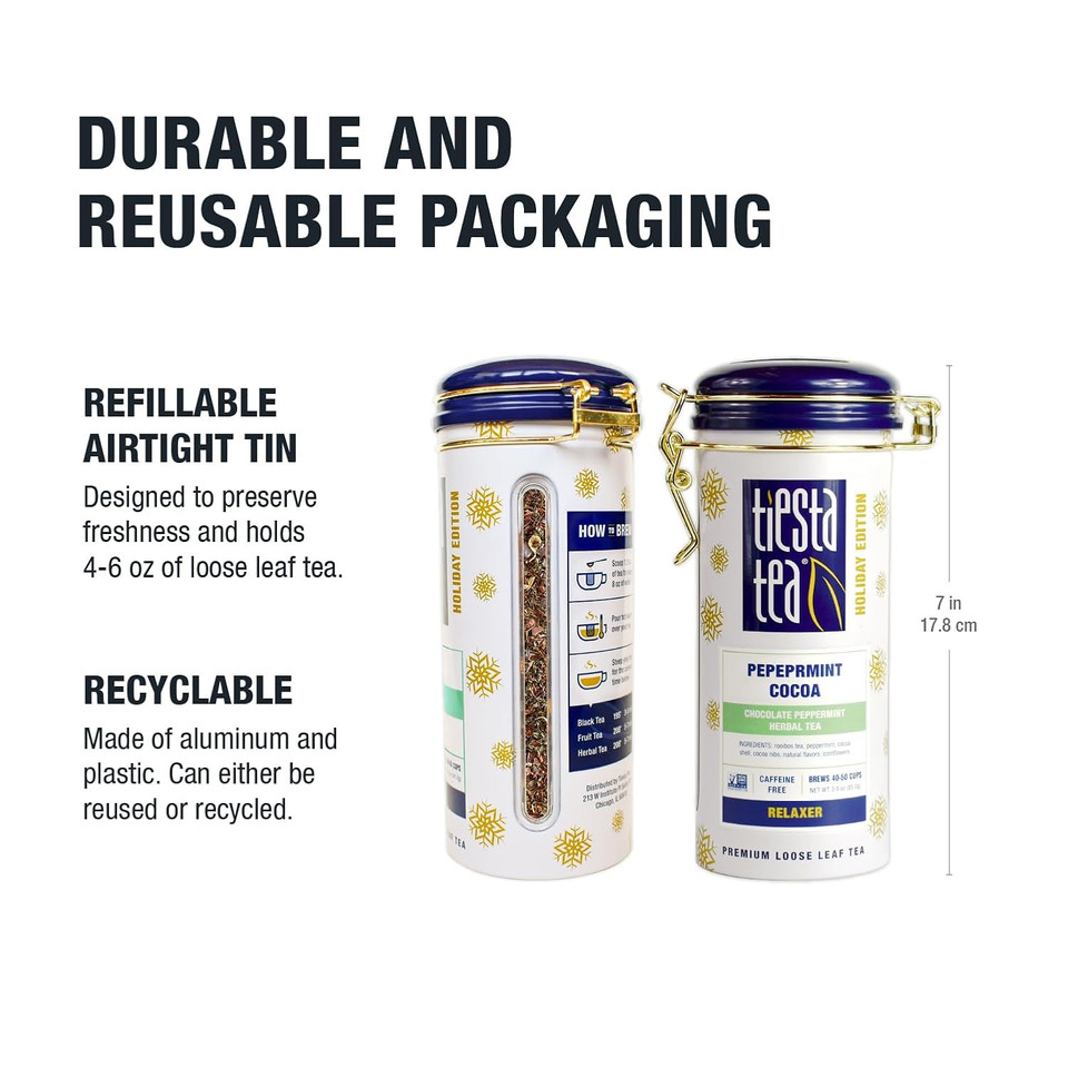 Tiesta Tea - Cozy Peppermint Cocoa, Chocolate Peppermint Herbal Tea, Premium Loose Leaf Tea Blend, Non Caffeinated Holiday Tea, Make Hot Or Iced Tea & Up To 50 Cups - 3 Ounce Refillable Tin