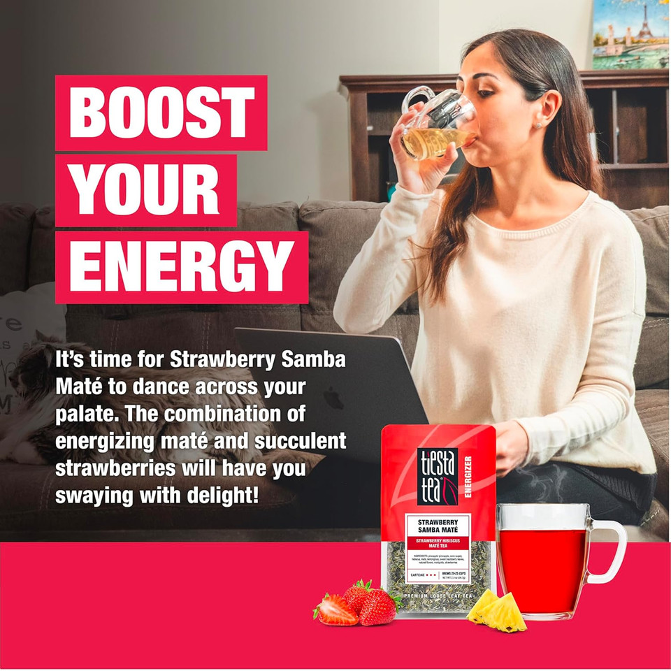 Tiesta Tea - Strawberry Samba Mate - Strawberry Hibiscus Mate Tea - Loose Leaf Tea Blend - High Caffeinated Fruit Tea - Make Hot Or Iced Tea Up To 25 Cups - 2 Oz Resealable Pouch