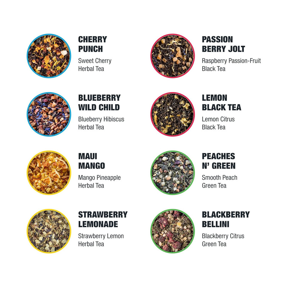 Tiesta Tea - Iced Tea Sampler Set, High To No Caffeine, Loose Leaf Variety Pack With 5 Base Flavors & 3 Assorted Flavors - 8 Resealable Sample Pouches