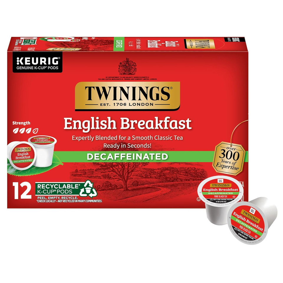 Twinings Decaffeinated English Breakfast Black Tea K-Cup Pods For Keurig, 12 Count (Pack Of 6), Smooth, Flavourful, Robust, Enjoy Hot Or Iced | Packaging May Vary Twinings Decaffeinated English Breakfast Black Tea K-Cup Pods For Keurig, 12 Count (Pack Of 6), Smooth, Flavourful, Robust, Enjoy Hot Or Iced | Packaging May Vary