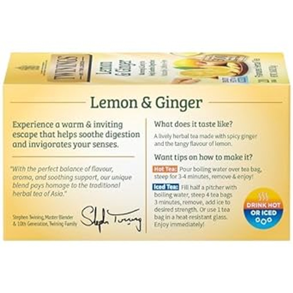 Twinings Lemon & Ginger Individually Wrapped Herbal Tea Bags, 20 Count (Pack Of 6), Tangy Lemon, Spicy Ginger, Caffeine Free, Enjoy Hot Or Iced Twinings Lemon & Ginger Individually Wrapped Herbal Tea Bags, 20 Count (Pack Of 6), Tangy Lemon, Spicy Ginger, Caffeine Free, Enjoy Hot Or Iced