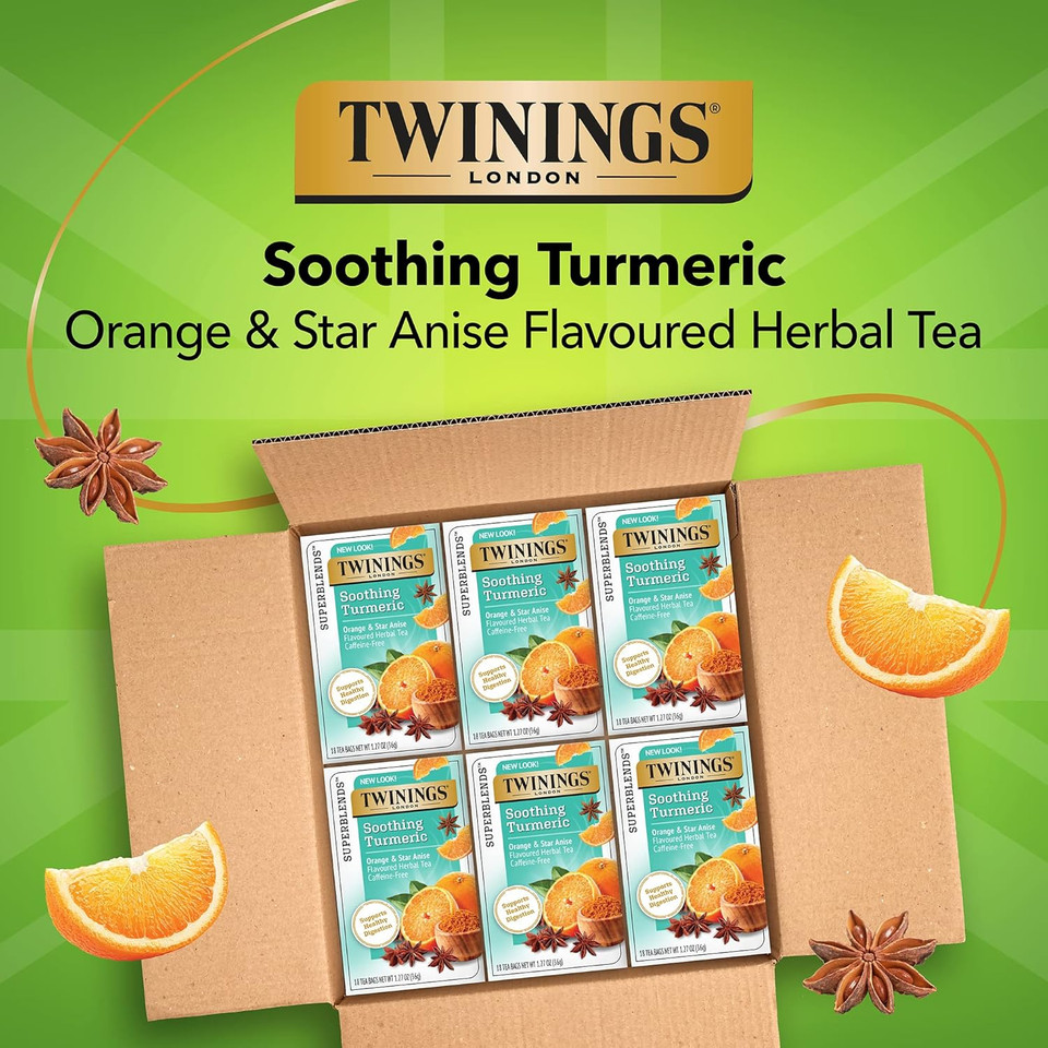 Twinings Superblends Soothing Turmeric Orange & Star Anise Flavoured Herbal Tea Caffeine-Free, 18 Tea Bags (Pack Of 6), Enjoy Hot Or Iced