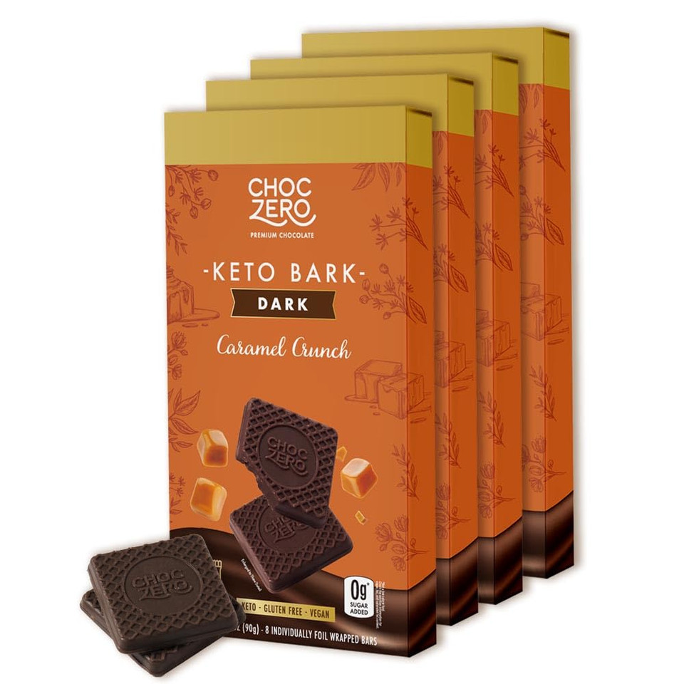 Choczero Vegan Caramel Crunch Keto Bark, Dark Chocolate Candy Bar With Caramel, Dairy Free, Sugar Free, Gluten Free, 3.2 Ounce (Pack Of 4)