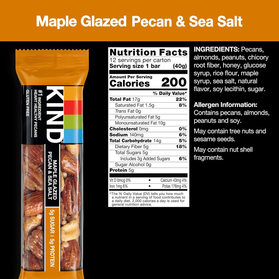 Kind Bars, Maple Glazed Pecan & Sea Salt, Healthy Snacks, Gluten Free, Low Sugar, 12 Count Kind Bars, Maple Glazed Pecan & Sea Salt, Healthy Snacks, Gluten Free, Low Sugar, 12 Count