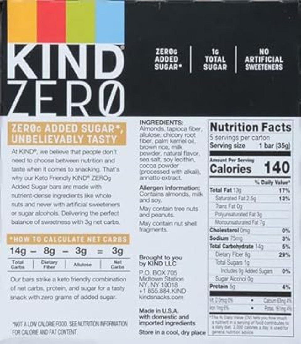 Kind Zero Added Sugar Bars, Keto Friendly Snacks, Caramel Almond And Sea Salt Flavored, 6.2Oz Box (5 Bars)