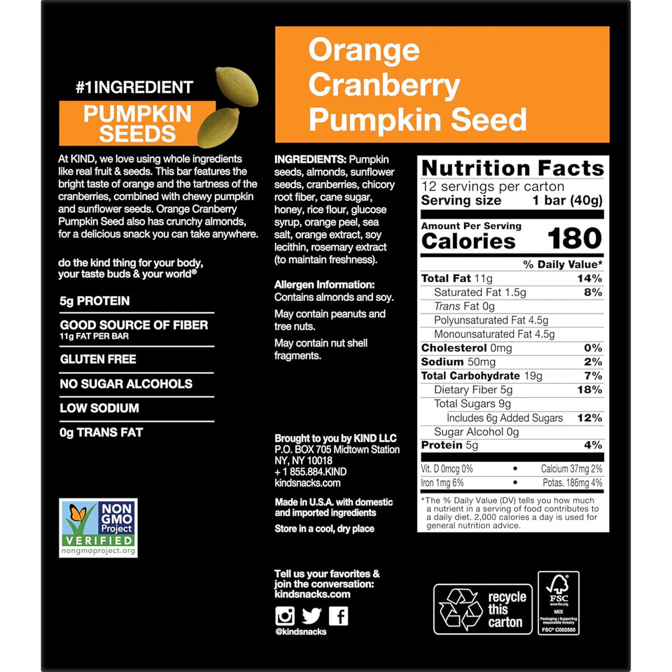 Kind Seeds Fruit & Nuts Snack Bar, Orange Cranberry | 5G Protein, High Fiber, Gluten Free Bars, 1.4 Oz, 12 Count