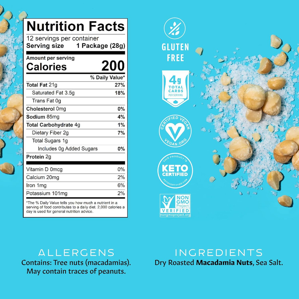 Macadamia Nuts, Hawaiian Sea Salt Flavor, Snack Mac Mini Pouches, Single Serve 1 Oz Bags (Pack Of 12)