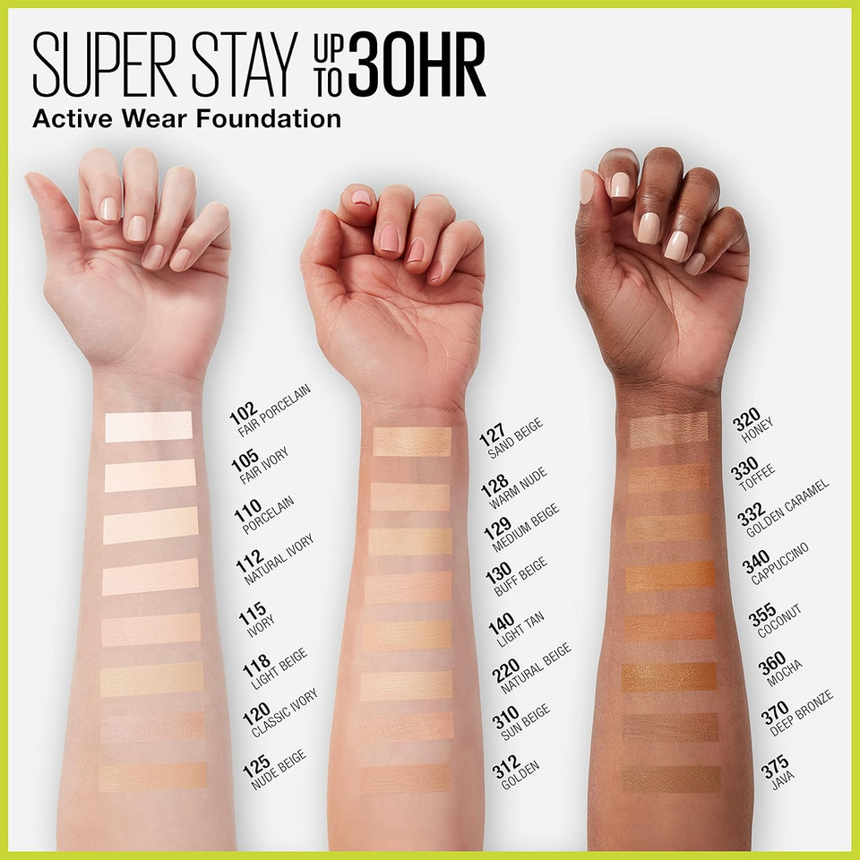 Maybelline Super Stay Full Coverage Liquid Foundation Active Wear Makeup, Up To 30Hr Wear, Transfer, Sweat & Water Resistant, Matte Finish, Warm Nude, 1 Count