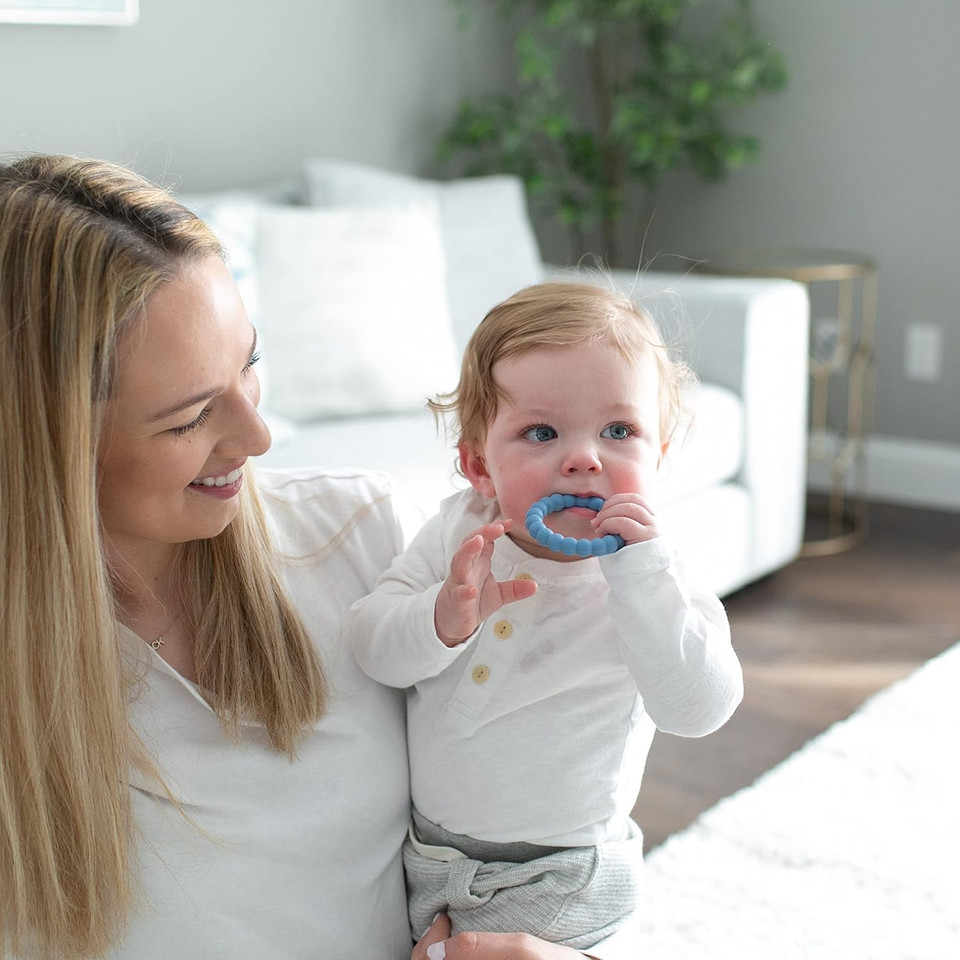 Dr. Brown'S Flexees Beaded Teether Rings, 100% Silicone, Soft & Easy To Hold, Encourages Self-Soothe, 3 Pack, Blue, Light Blue, Black, Bpa Free, 3M+