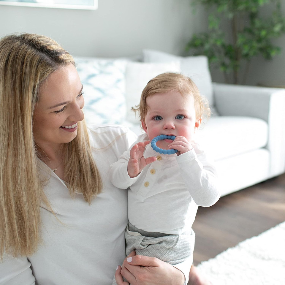 Dr. Brown'S Flexees Beaded Teether Rings, 100% Silicone, Soft & Easy To Hold, Encourages Self-Soothe, 3 Pack, Blue, Light Blue, Black, Bpa Free, 3M+