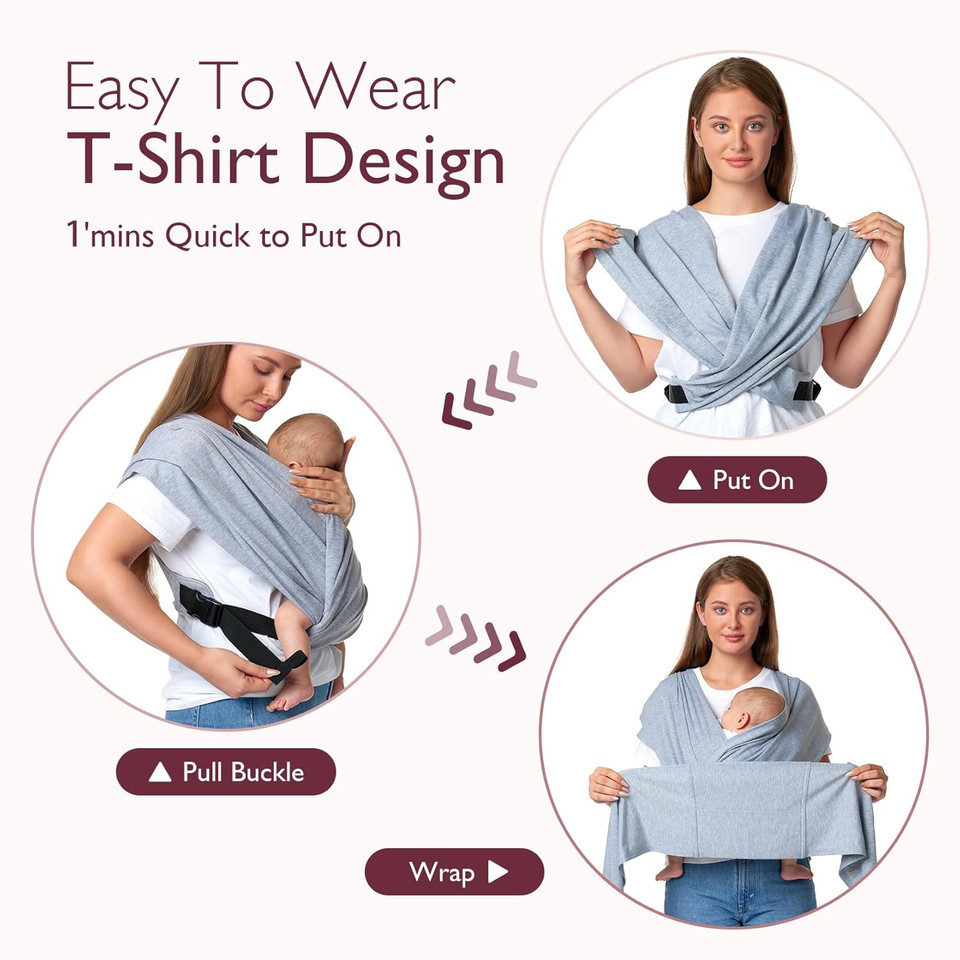 Momcozy Baby Wrap Carrier Skin-Friendly Fabric, Easy To Wear Baby Carrier Sling T-Shirt Design, Hands Free Baby Carriers Newborn To Toddler 8-35Lbs, Adjustable Buckle Suit For Waist Waist 47-57, Grey