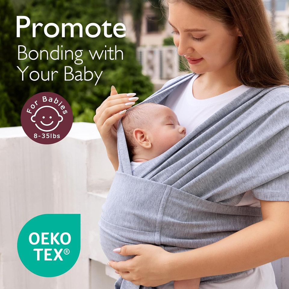 Momcozy Baby Wrap Carrier Skin-Friendly Fabric, Easy To Wear Baby Carrier Sling T-Shirt Design, Hands Free Baby Carriers Newborn To Toddler 8-35Lbs, Adjustable Buckle Suit For Waist Waist 47-57, Grey