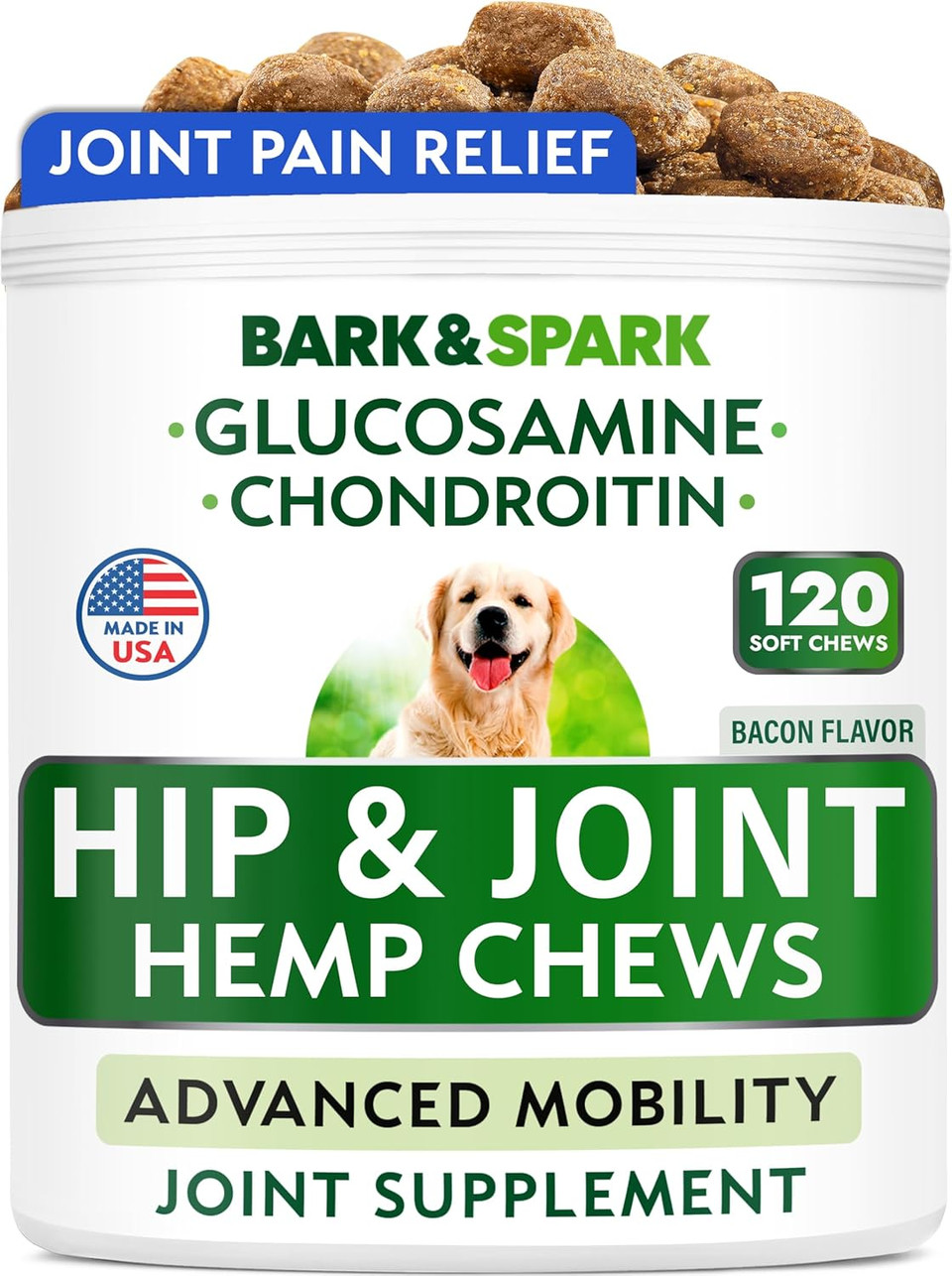Bark&Spark Advanced Hemp Chews For Dog Joint Pain Relief - Glucosamine Chondroitin Hemp Treats Hip Joint Health - Joint Supplement Large Breed & Small - Hemp Treats Joints Old Senior Dog (120Ct/Bacon)