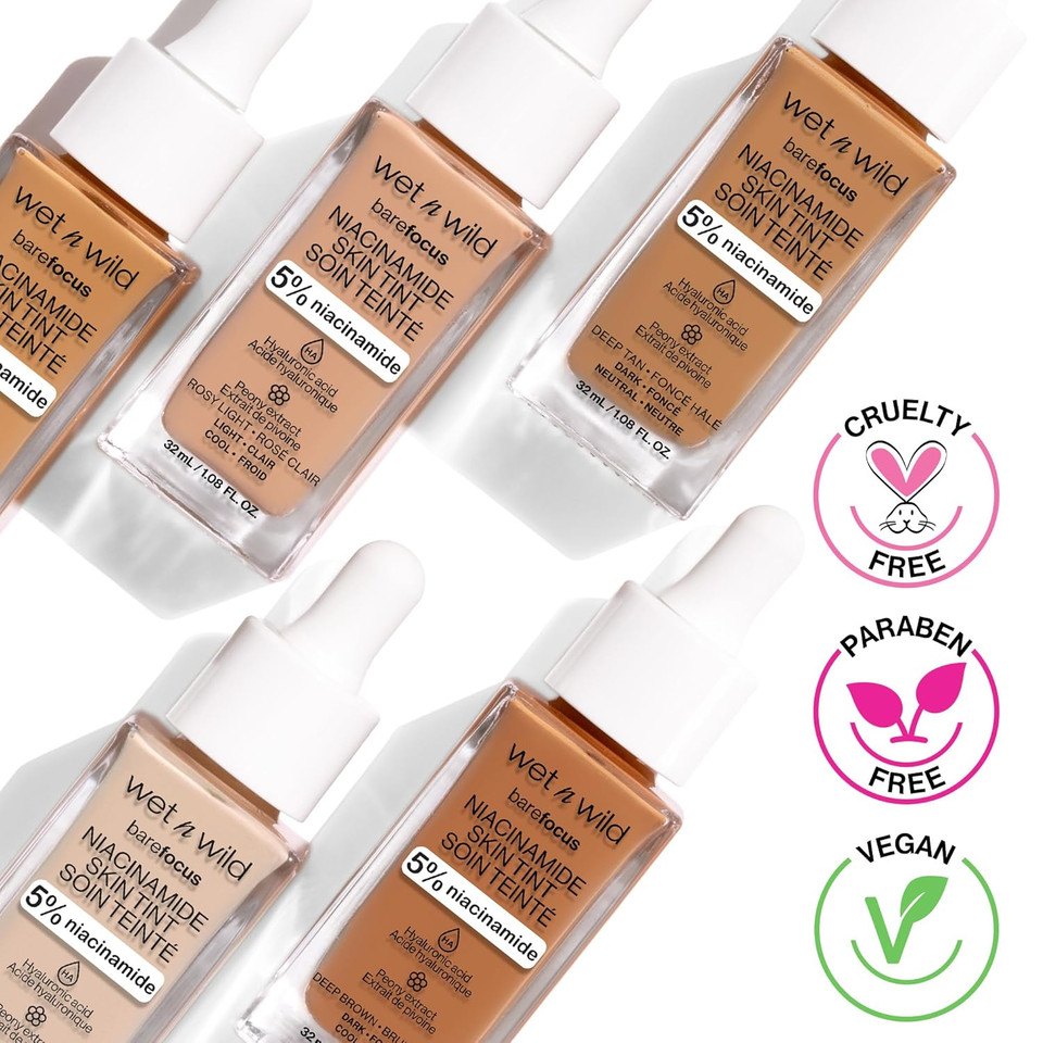 Wet N Wild Bare Focus Skin Tint, 5% Niacinamide Enriched, Buildable Sheer Lightweight Coverage, Natural Radiant Finish, Hyaluronic & Vitamin Hydration Boost, Cruelty-Free & Vegan - Peach Ivory