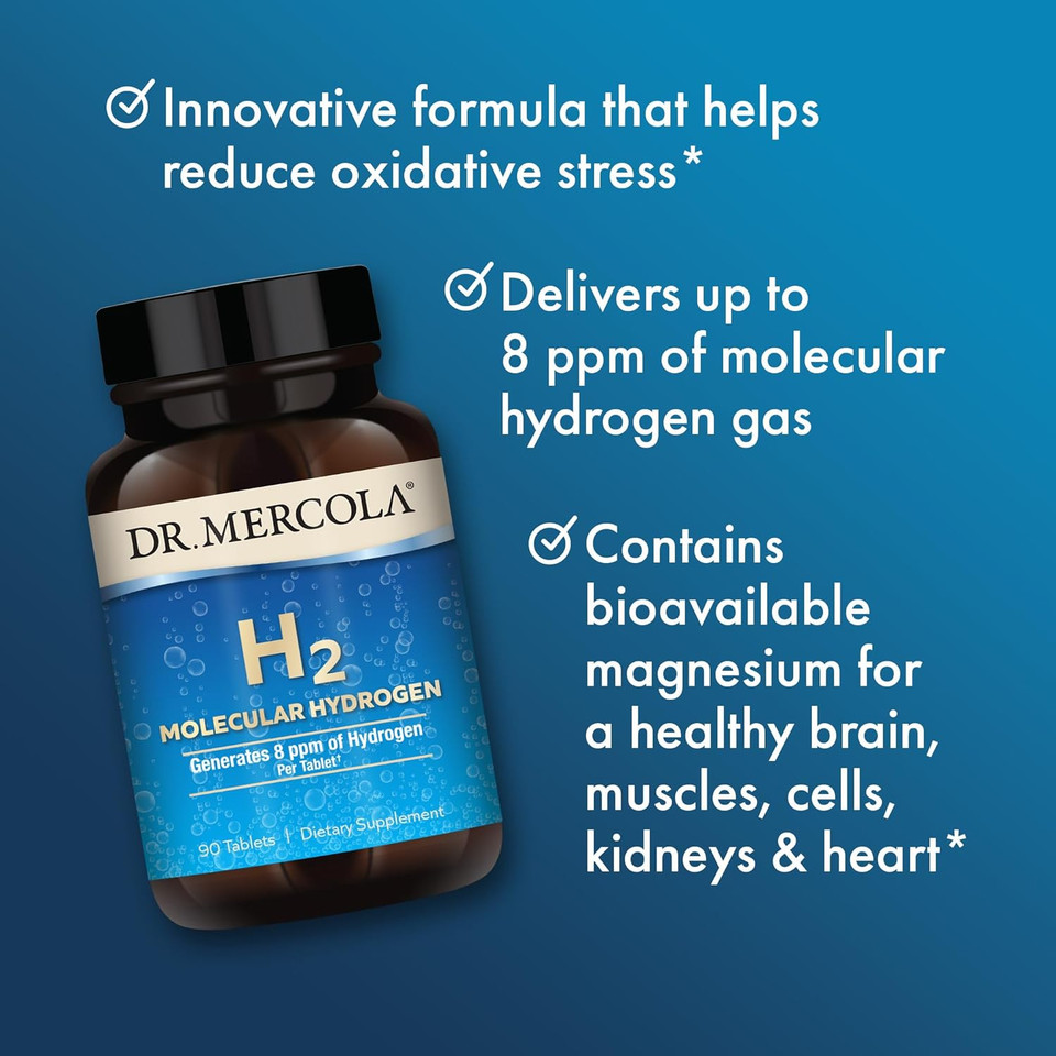 Dr. Mercola H2 Molecular Hydrogen, 90 Servings (90 Tablets), Dietary Supplement, Supports Brain Health And Cognitive Function, Non Gmo