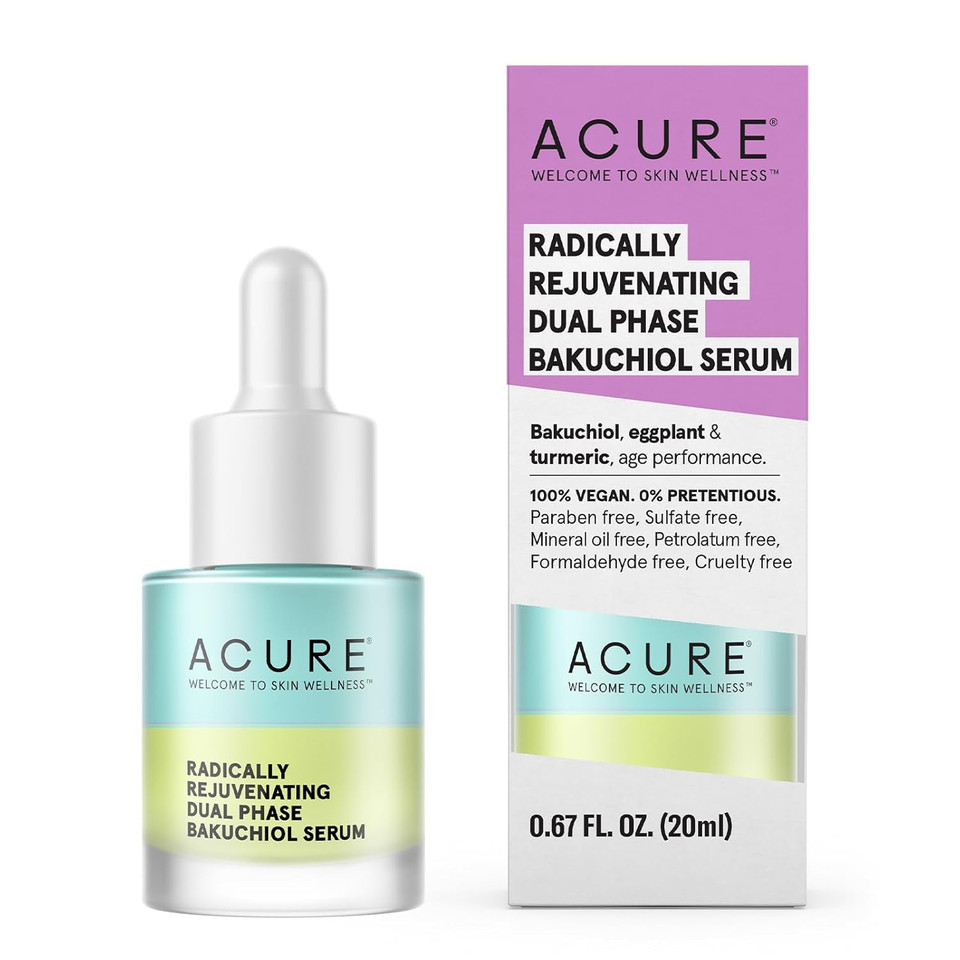 Acure Radically Rejuvenating Dual Phase Bakuchiol Serum - Anti-Aging & Soothing Skin Support - All Natural Made With Eggplant, Turmeric & Bakuchiol - Vegan Skin Care, Hydrates & Defends - 0.67 Oz