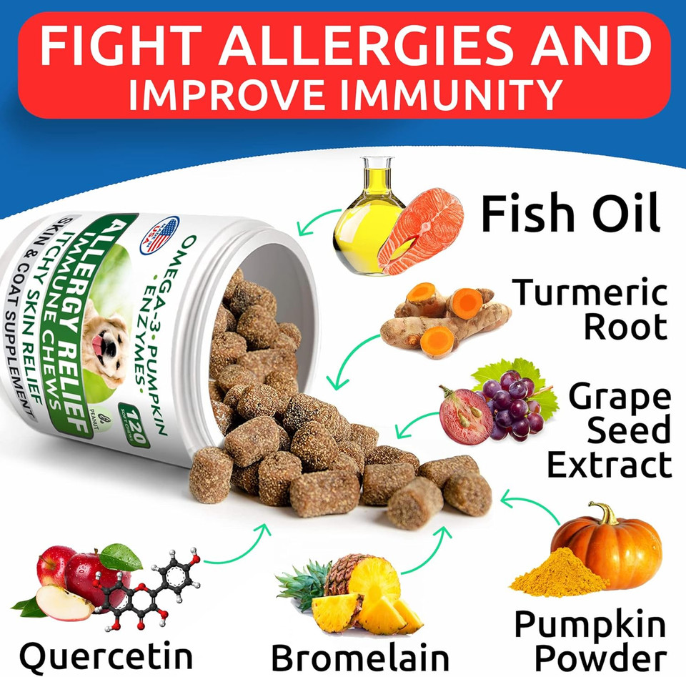 Allergy Relief + Omega 3 Bundle - Anti-Itch & Hot Spots + Skin Allergy - Omega 3 + Pumpkin + Enzymes + Epa&Dha Fatty Acid - Immune Supplement + Joint Health - 240 Chews + 360 Chews - Made In Usa